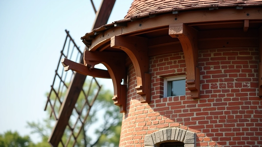 Detailní záběr na tradiční větrný mlýn z červené cihly, detaily architektura
