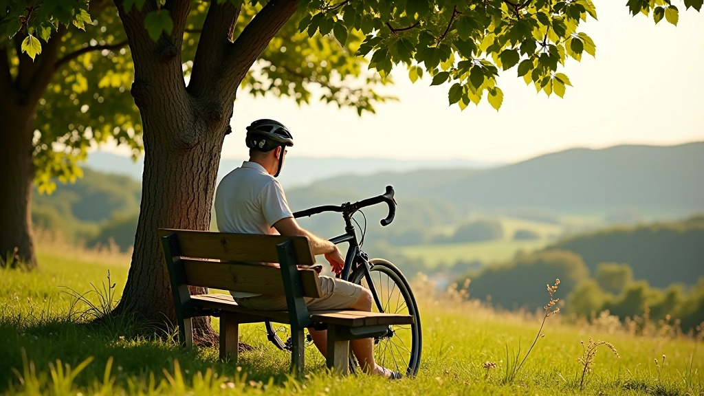 Cyklista s kolem u lavičky pod stromem, rozhledy do údolí, venkovská krajina