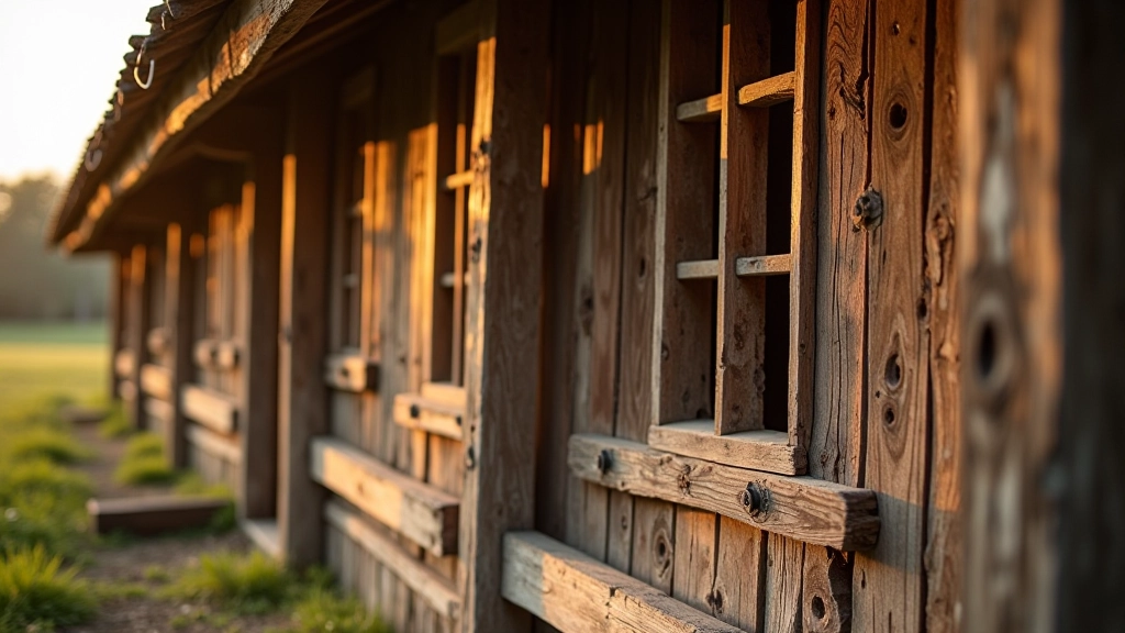Detail historické stodoly s původními dřevěnými prvky a starými cihlovými muriči, sluneční svit vytváří zajímavé stíny