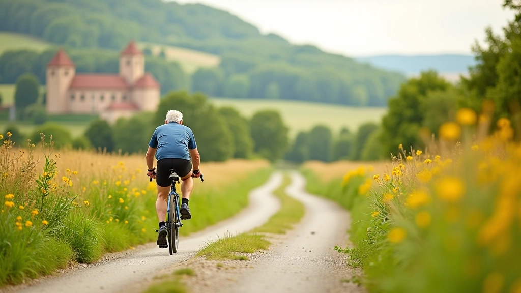 Starší cyklista na cestě mezi historickými stavbami, krajina Hané v pozadí