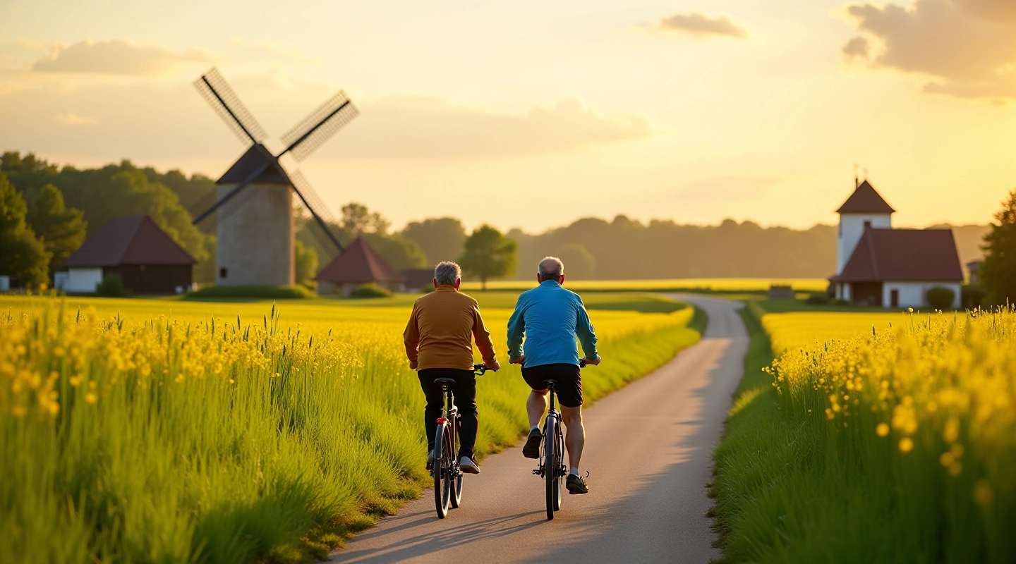 Seniorská cyklistka na cestě mezi větrným mlýnem a stodolou v krajině Hané