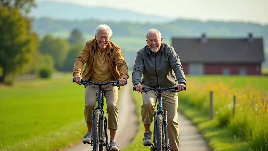 Seniorská dvojice užívá si cyklistiku v přírodě
